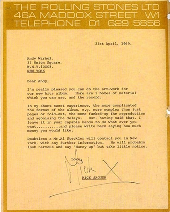 Mick Jagger letter to Andy Warhol