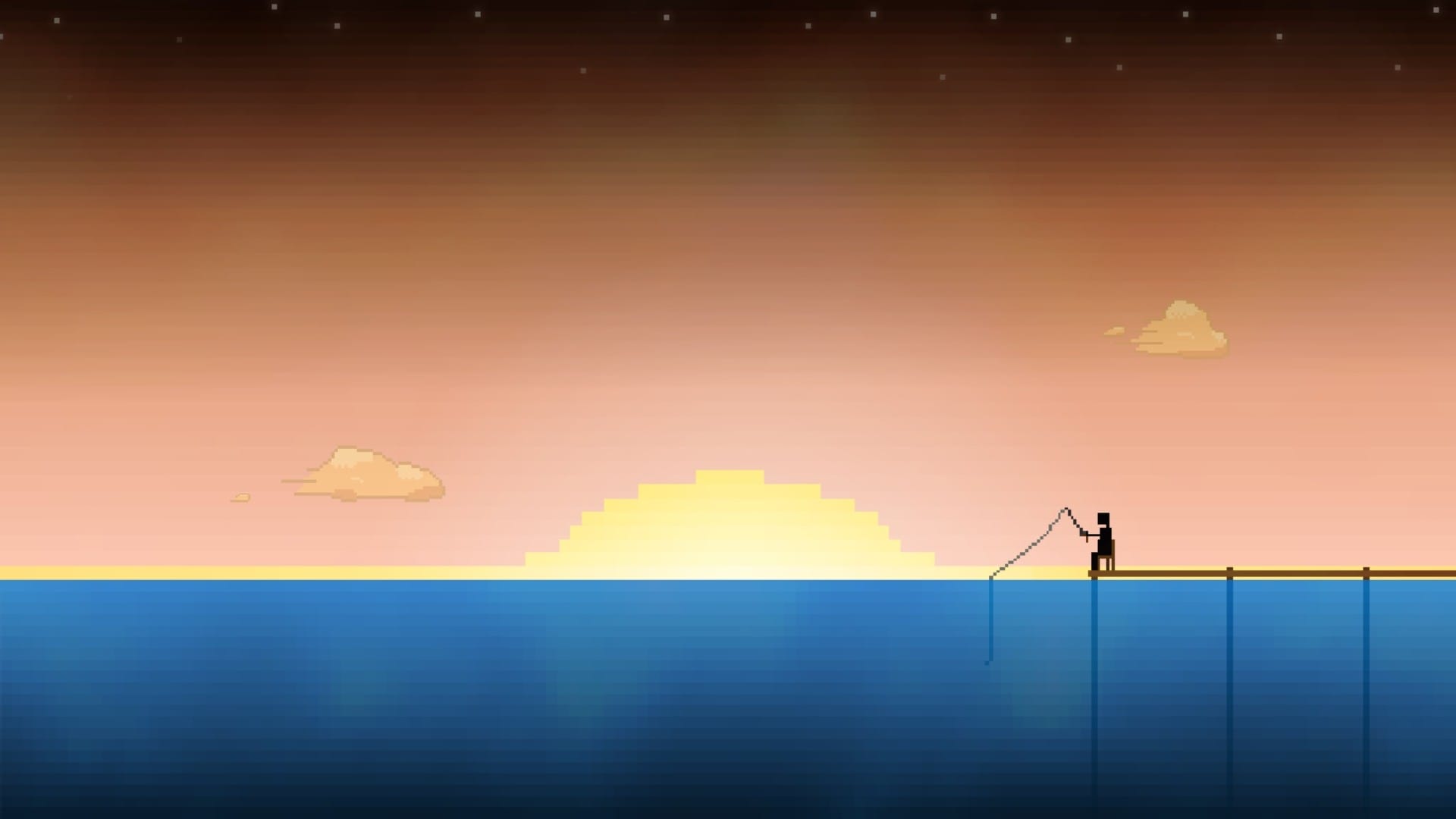 Sunset fisherman desktop wallpaper 8-bit style