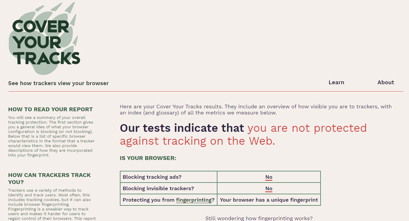 Cover Your Tracks Browser Tester